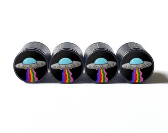 UFO 宇宙船とレインボー レイ タイヤ バルブ キャップ - ブラック アルミニウム - 4 個セット