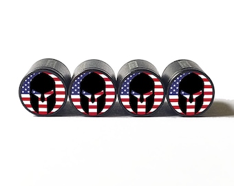 Black Spartan Helmet USA Flag Background Tire Valve Caps - Black Aluminum - Set of Four