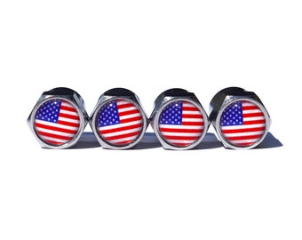 USA American Flag Tire Valve Stem Caps - Chrome Coated - Set of Four