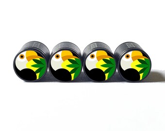 カラフルなトゥーカンバードタイヤバルブキャップ - ブラックアルミニウム - 4個セット