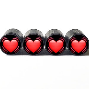 Red Beating Heart Tire Valve Caps - Black Aluminum - Set of Four