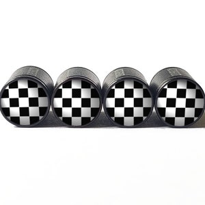 Checkered Flag Tire Valve Caps - Black Aluminum - Set of Four
