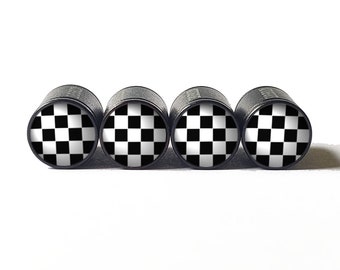 Checkered Flag Tire Valve Caps - Black Aluminum - Set of Four