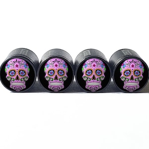Sugar Skull (Style 8) Tire Valve Caps - Black Aluminum - Set of Four