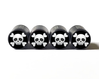 Skull and Crossbones Tire Valve Caps - Black Aluminum - Set of Four