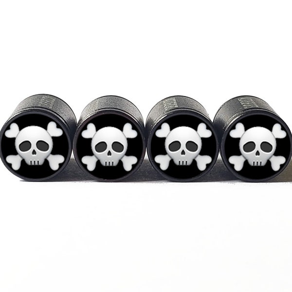 Skull and Crossbones Emoji Tire Valve Caps - Black Aluminum - Set of Four