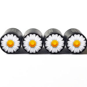 White Daisy Flower Tire Valve Caps - Black Aluminum - Set of Four