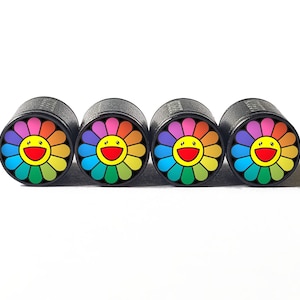 Bouchons de valve de pneu Rainbow Daisy Smiley Face - Aluminium noir - Lot de quatre