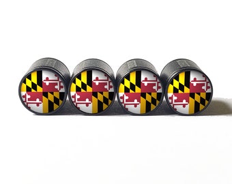 Maryland State Flag Tire Valve Caps - Black Aluminum - Set of Four