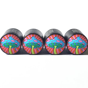 Colorful Trippy Mushroom Tire Valve Caps - Black Aluminum - Set of Four