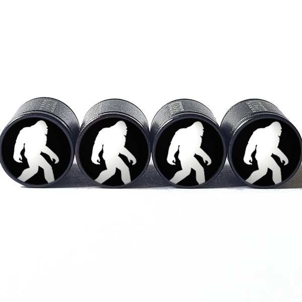 Bigfoot Sasquatch Walking Tire Valve Caps - Black Aluminum - Set of Four