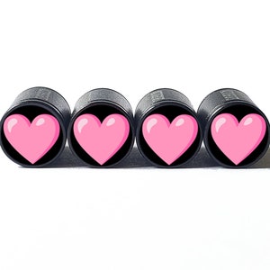 Pink Heart Tire Valve Caps - Black Aluminum - Set of Four