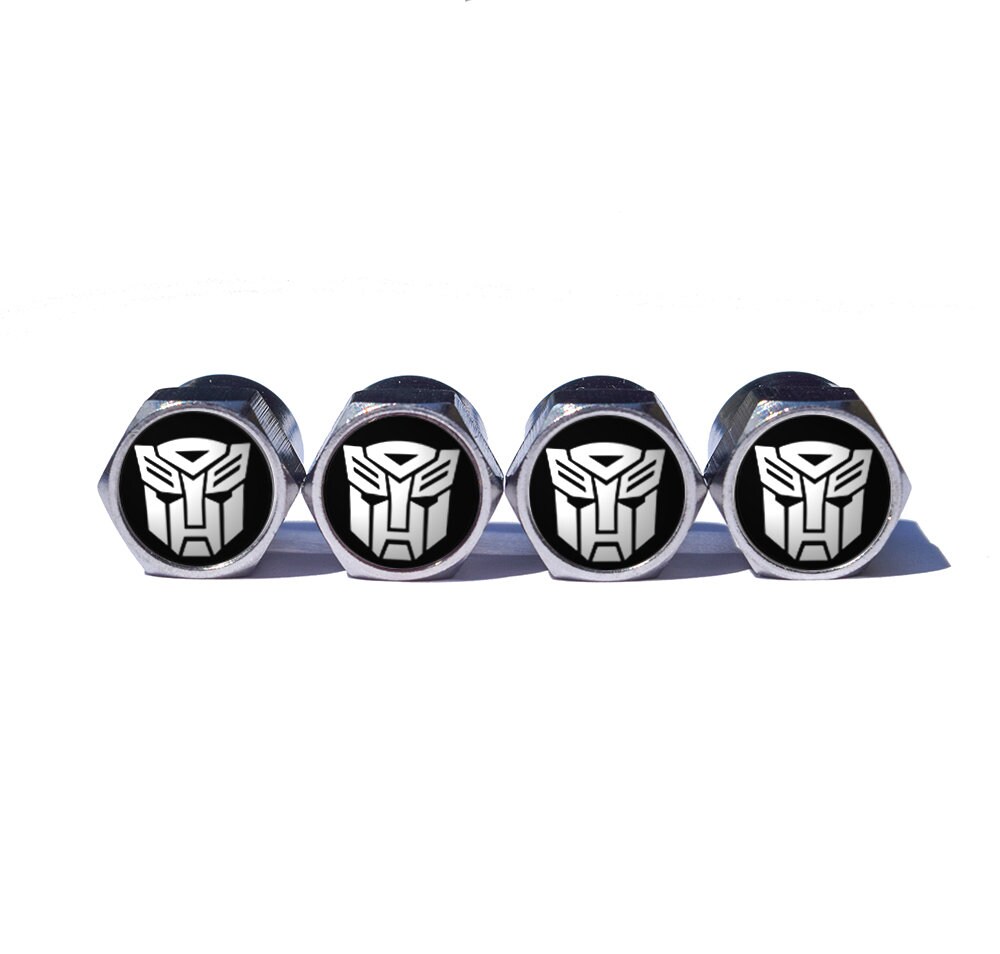 White Logo Set of Four Chrome Coated Transformers Tire Valve Stem Caps
