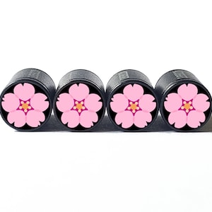 Cherry Blossom Flower Tire Valve Caps - Black Aluminum - Set of Four
