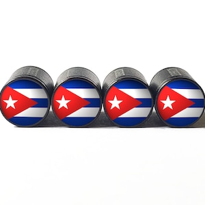 Cuban Cuba Flag Tire Valve Stem Caps - Black Aluminum - Set of Four