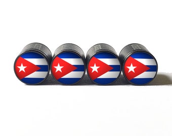Cuban Cuba Flag Tire Valve Stem Caps - Black Aluminum - Set of Four
