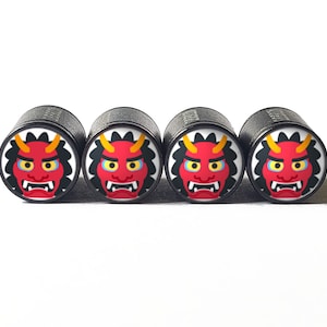 Red Monster Tire Valve Caps - Black Aluminum - Set of Four