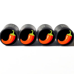 Red Chili Pepper Tire Valve Caps - Black Aluminum - Set of Four
