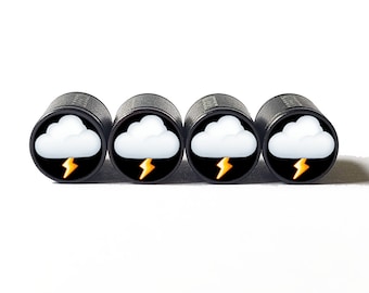 Storm Cloud Lightning Tire Valve Caps - Black Aluminum - Set of Four