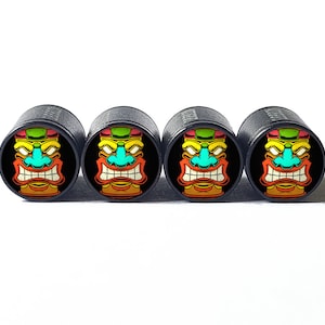 Tiki Mask (Style 9) Tire Valve Caps - Black Aluminum - Set of Four