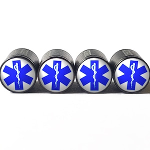 Paramedic Star of Life Tire Valve Caps - Black Aluminum - Set of Four
