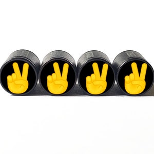 Peace Sign Hand Tire Valve Caps - Black Aluminum - Set of Four