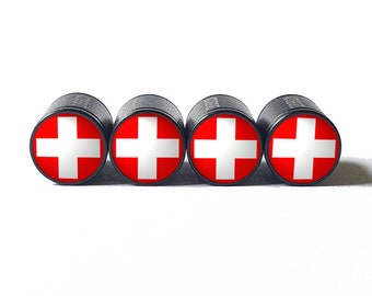 Switzerland Swiss Flag Tire Valve Caps - Black Aluminum - Set of Four