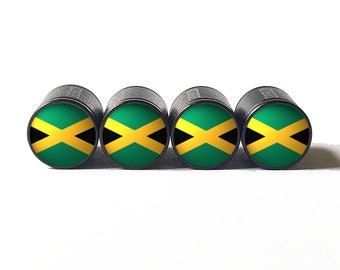 Tapas de válvulas de neumáticos con bandera de Jamaica - Aluminio negro - Juego de cuatro