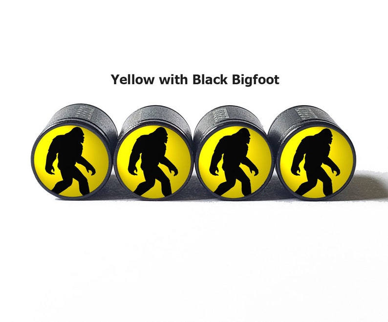 Yellow Bigfoot Sasquatch Walking Tire Valve Caps