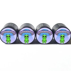 Cartoon Alien and its Spaceship Tire Valve Caps - Aluminum - Set of Four