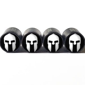 White Spartan Helmet Tire Valve Caps - Black Aluminum - Set of Four