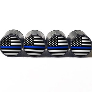 Police Blue Line Ventieldopjes met Amerikaanse vlag - zwart aluminium - set van vier