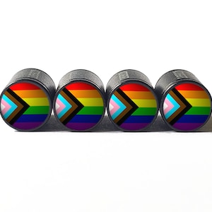 LGBTQ+ Progress Pride Flag Tire Valve Caps - Black Aluminum - Set of Four