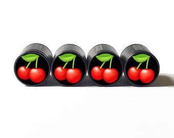 Red Cherries Tire Valve Caps - Black Aluminum - Set of Four