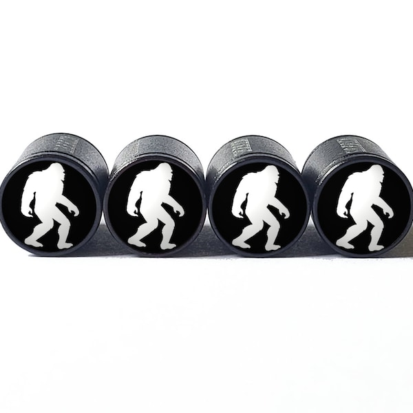 Bigfoot Sasquatch Silhouette Tire Valve Caps - Black Aluminum - Set of Four