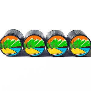 River and Mountains Tire Valve Caps - Black Aluminum - Set of Four