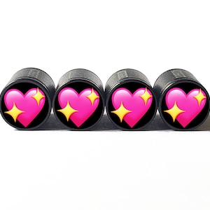 Sparkling Pink Heart  Tire Valve Caps - Black Aluminum - Set of Four