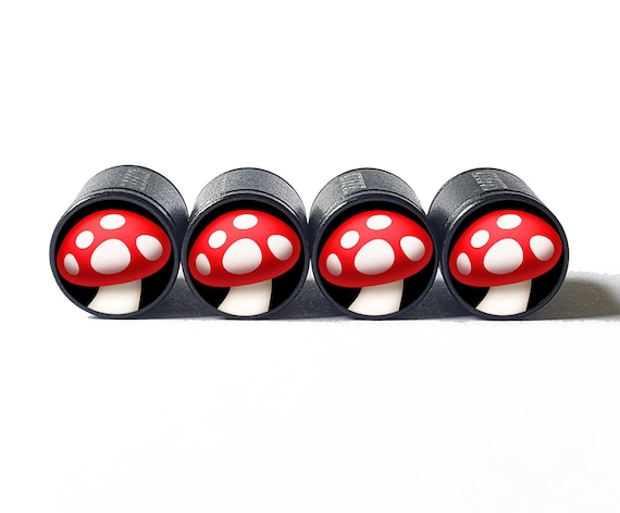 Cute Mushroom Tire Valve Caps - Black Aluminum - Set of Four