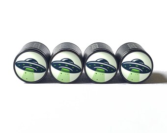 UFO fliegende Untertasse Reifen Ventilkappen - schwarzes Aluminium - 4er-Set