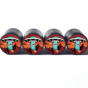 UFO Alien Abduction Tire Valve Caps - Black Aluminum - Set of Four