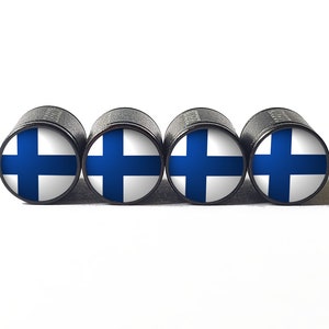 Finland Flag Tire Valve Caps - Black Aluminum - Set of Four