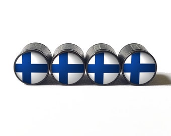 Tapas de válvulas de neumáticos con bandera de Finlandia - Aluminio negro - Juego de cuatro
