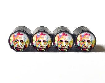Colorful Albert Einstein Tire Valve Caps - Black Aluminum - Set of Four