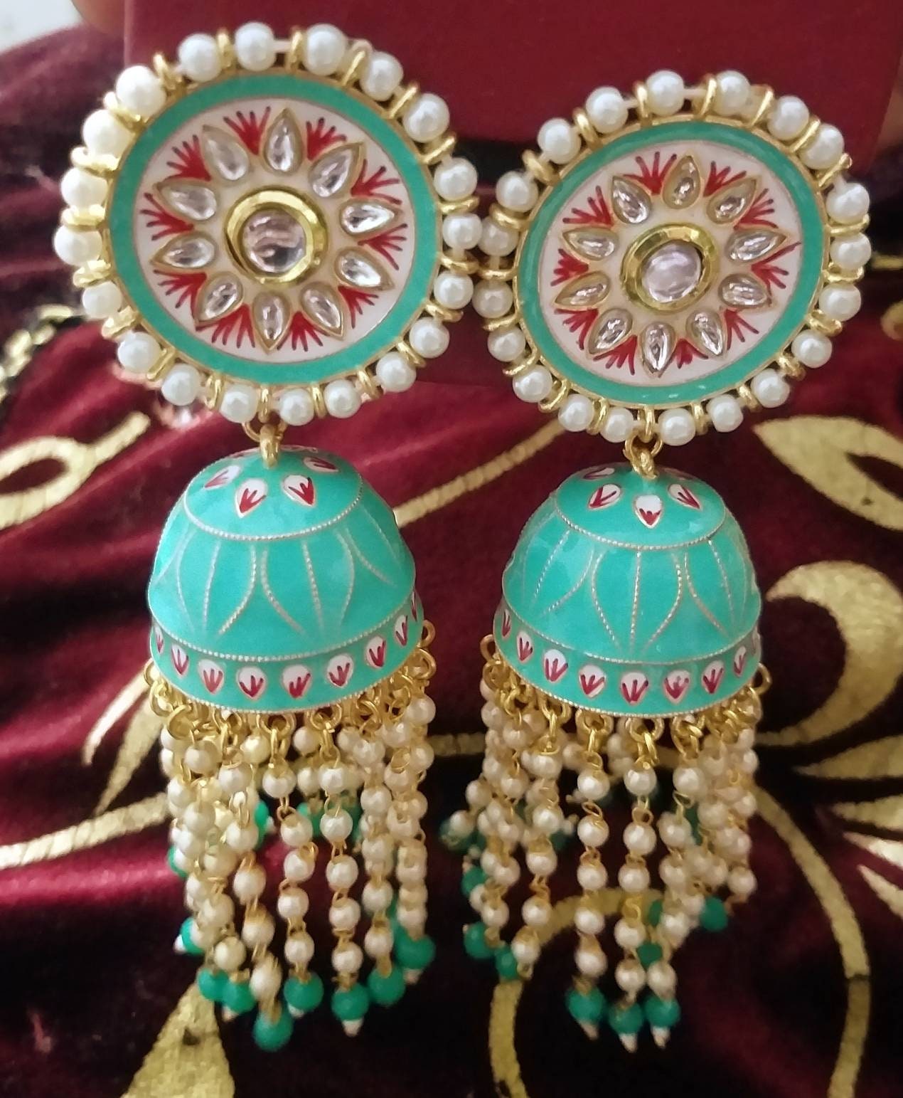 Kundan Elegance White Pearls and Faux Kundan Jhumka Earrings  VOYLLA