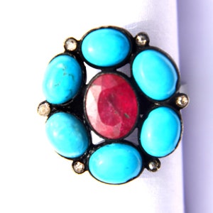 100% mooie natuurlijke effenen diamanten bedel, robijn, turquoise firoza, 925 sterlingzilveren cocktailring met bezaaid beste kwaliteit