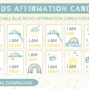 Cartões de afirmação imprimíveis para crianças, Boho azul, cartões de afirmação infantil, cartões motivacionais, cartões de positividade, afirmação diária para crianças