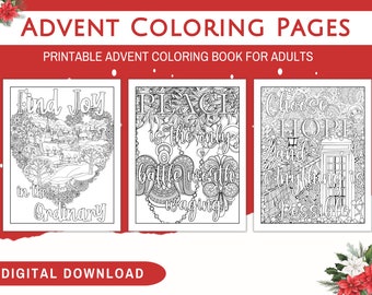 May include: Three black and white printable coloring pages with Christmas themes. The first page features a heart-shaped design with the text "Find Joy in the Ordinary". The second page features a design with the text "Peace is the only battle worth waging". The third page features a design with the text "Choose Hope and anything is possible".