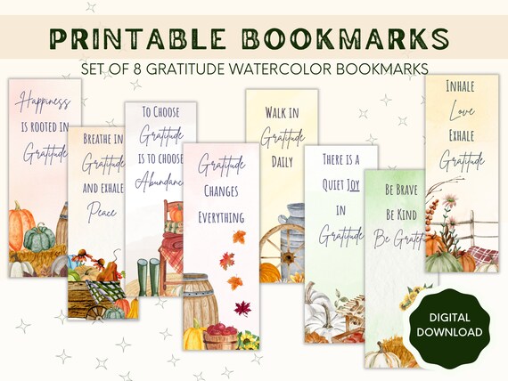 Printable Bookmarks Gratitude Bookmark Set Book Lover - Etsy