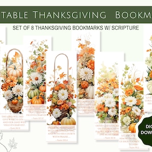 May include: Set of eight printable Thanksgiving bookmarks featuring fall foliage, pumpkins, and baskets. Each bookmark includes a Thanksgiving-themed scripture verse.