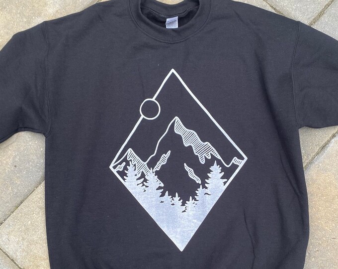 Geometric Mountain and Trees Nature Crewneck Sweatshirt - Hand Screen Printed - Nature Sweatshirt - Hiking Camping Gift